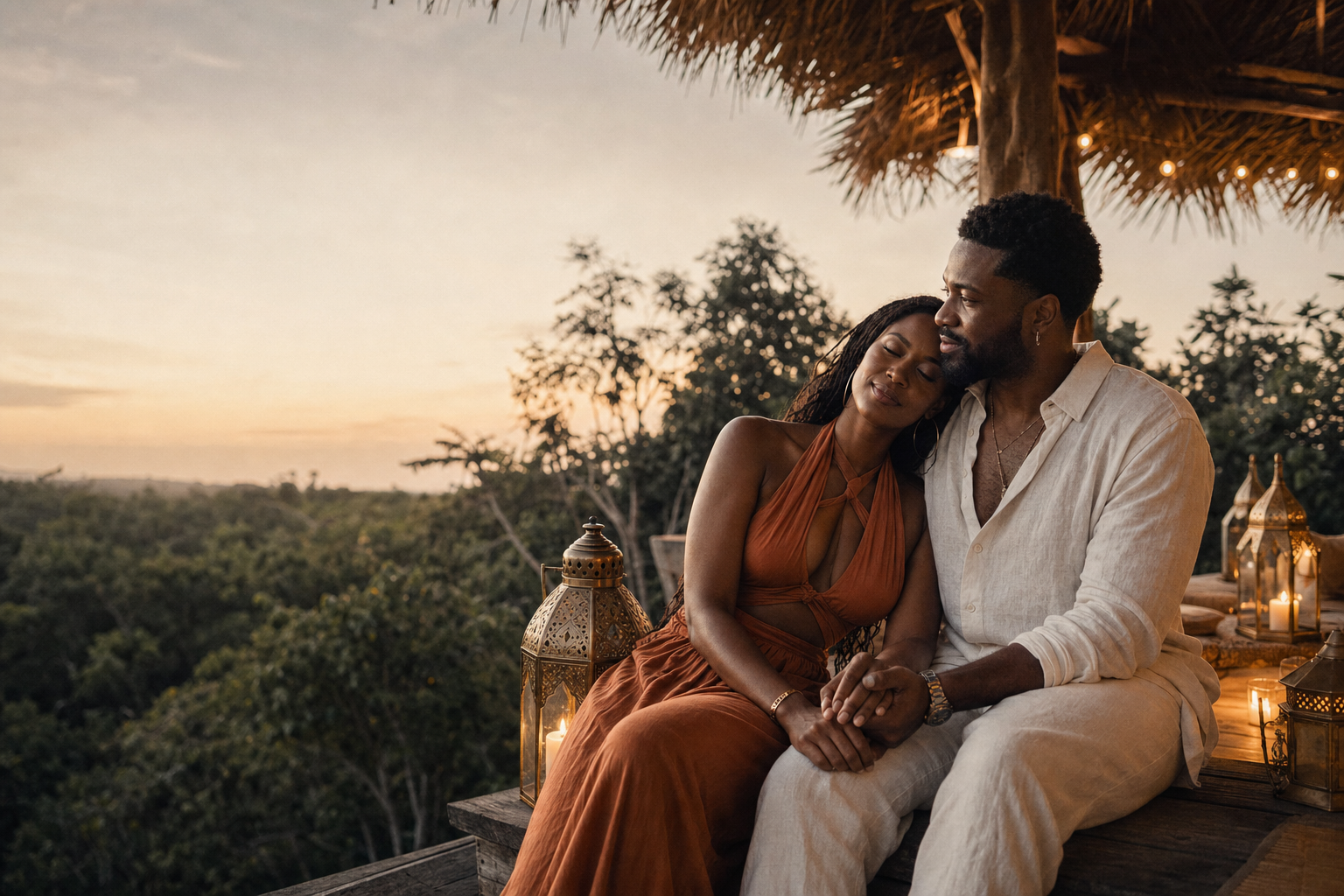 A couple at sunset in the Tulum jungle