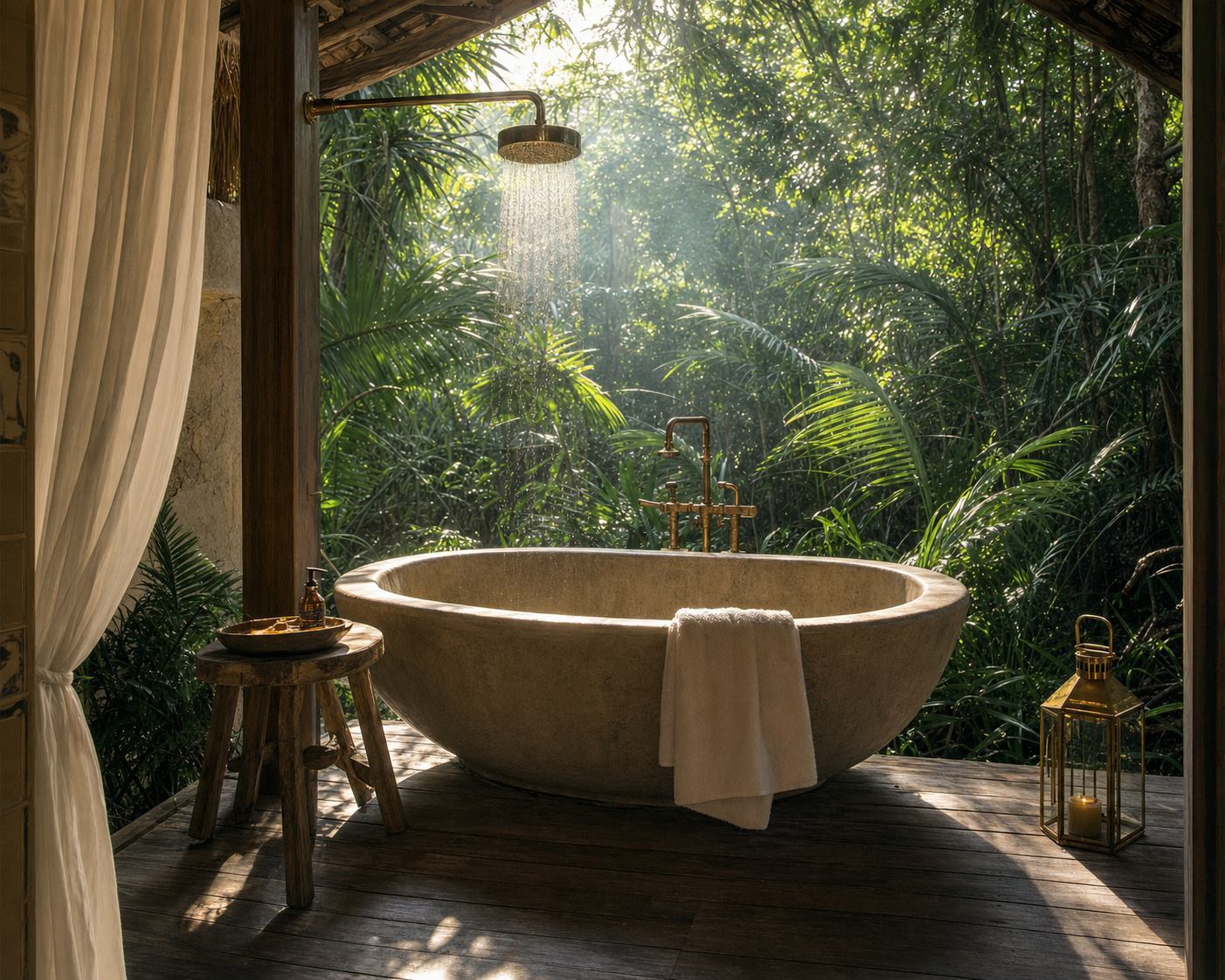 Stone soaking tub in an open-air jungle bath