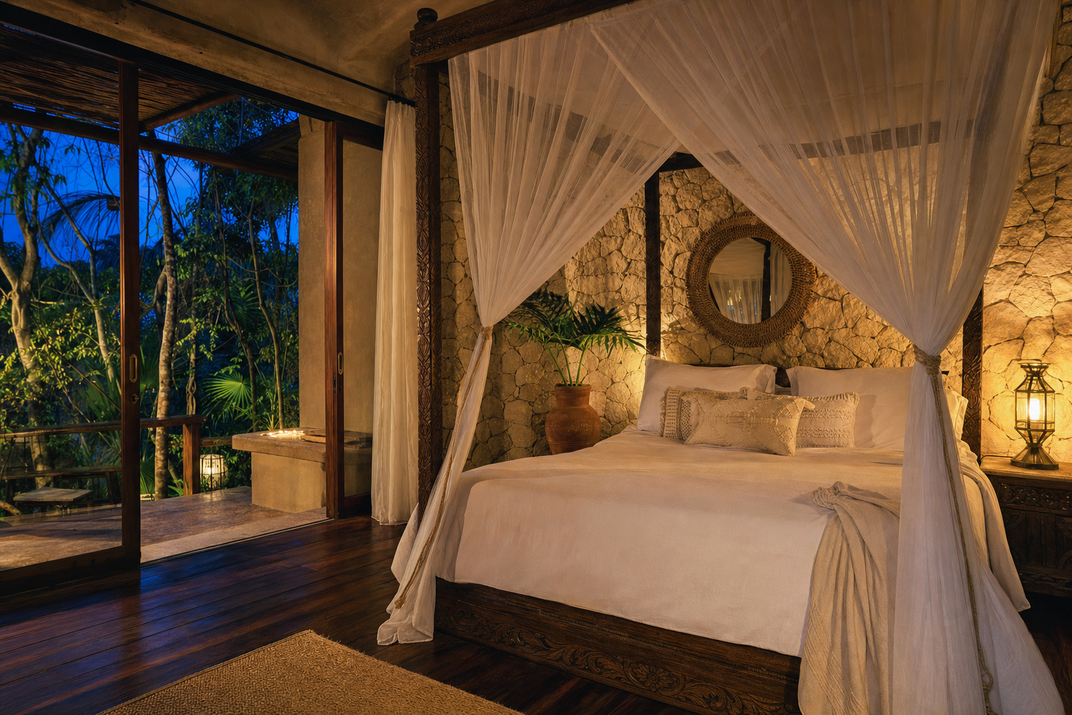 Jungle villa bedroom with canopy bed